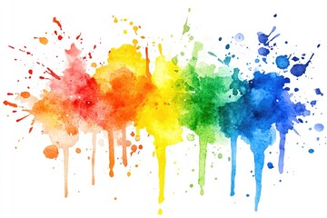 Fototapeta premium Rainbow watercolor splatters; vibrant, dripping paint; white background; design element