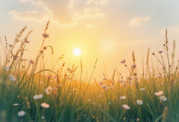 Obraz premium Field of Daisies with Wheat and Sunset in the Background