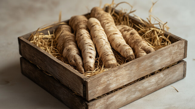 Freshly harvested Tarul roots in small wooden crate lined with straw, earthy brown tones contrasting with golden hay. Positioned off-center on neutral gray background, soft overhead lighting enhances 