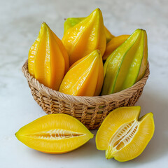 Ripe glossy starfruits in handwoven wicker basket on white marble surface, with one sliced open to reveal bright yellow interior. Soft neutral background creates a fresh presentation.