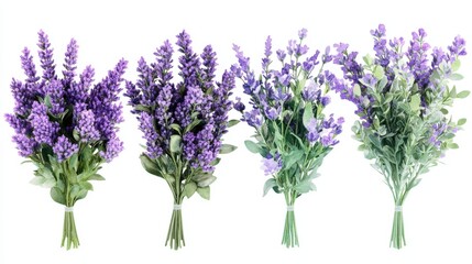 Fototapeta premium Four Beautiful Lavender Bouquets Isolated on White Background Perfect for Spring or Summer Designs