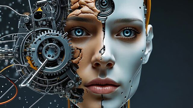 Futuristic Cyborg Woman with Exposed Mechanical Parts and Gears Blending Human and Robot Features

