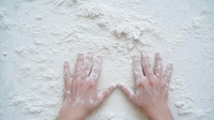 A close-up of hands kneading dough on a flour-dusted surface, focused and artisanal mood,