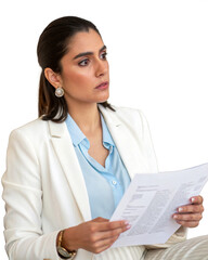 Portrait of Serious Young Female Entrepreneur Reviewing a Report isolated on a transparent background.