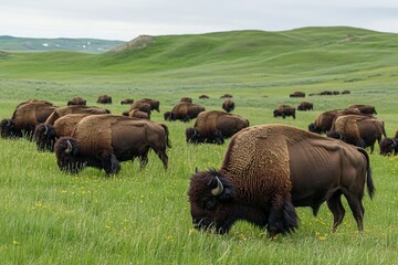 Herd of bison grazing in lush green prairie landscape