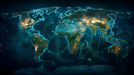 Glowing Digital World Map at Night with City Lights