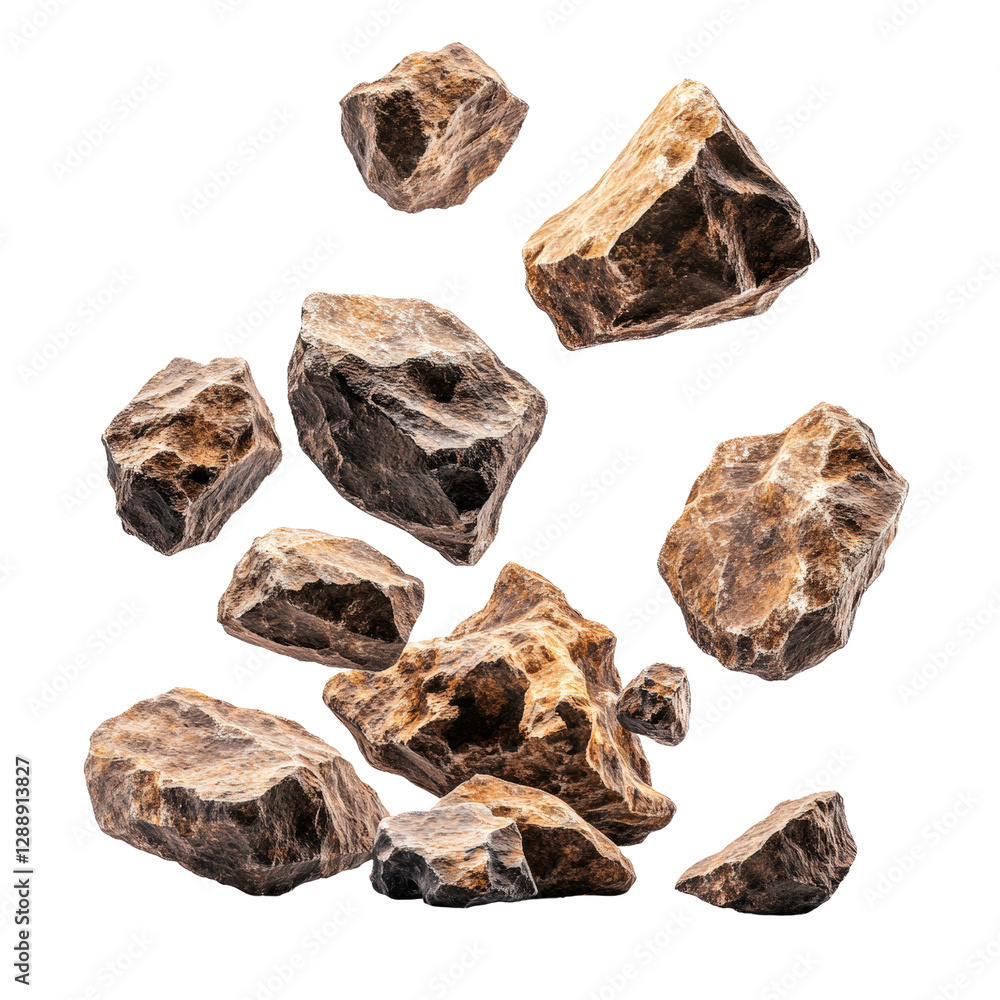 Poster collection of various rocks arranged on a black background for natural texture and geological study 