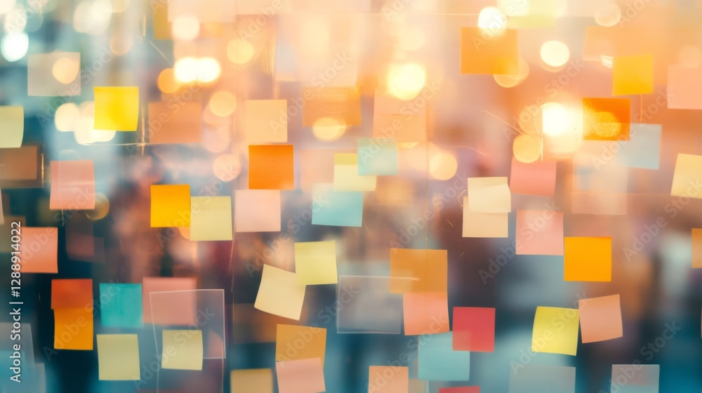 Aufkleber Vibrant scene of colorful sticky notes symbolizing multitasking and time management. The overlapping notes reflect the chaos and stress of meeting work deadlines in a busy environment
