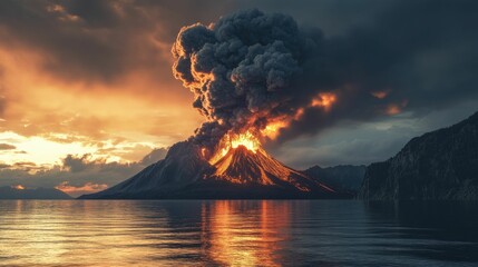 Volcanic eruption at sunset, reflected in water.
