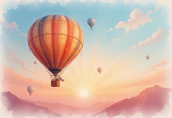 Obraz premium Multiple Hot Air Balloons Floating at Sunrise with Scenic Mountain View
