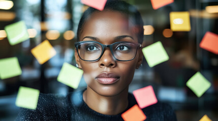 Black woman in glasses brainstorming with sticky notes on glass thoughtful and focused on planning process
