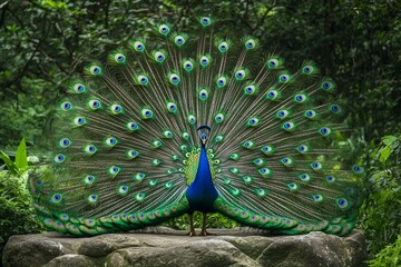 Obraz premium Majestic peacock displaying vibrant plumage in lush forest environment