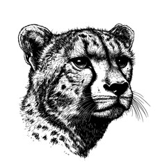 Hand-drawn cheetah, black sketch effect, vintage art, predator, wildlife, fast animal vector print, engraving style, trendy, antique design, white background.