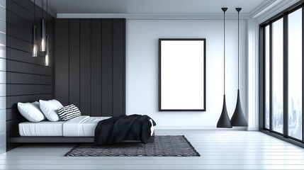 Minimalist Bedroom Interior Design with Monochrome Accents and City View Through Large Windows