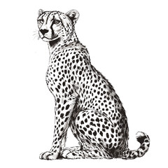 Hand-drawn cheetah in vintage art style, engraving sketch, predator, fast animal, wildlife vector print, trendy, black effect, white background.