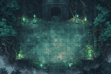 Pixelated Battle Map Scene Set in a Dark Forest with Stone Structure and Glowing Lights