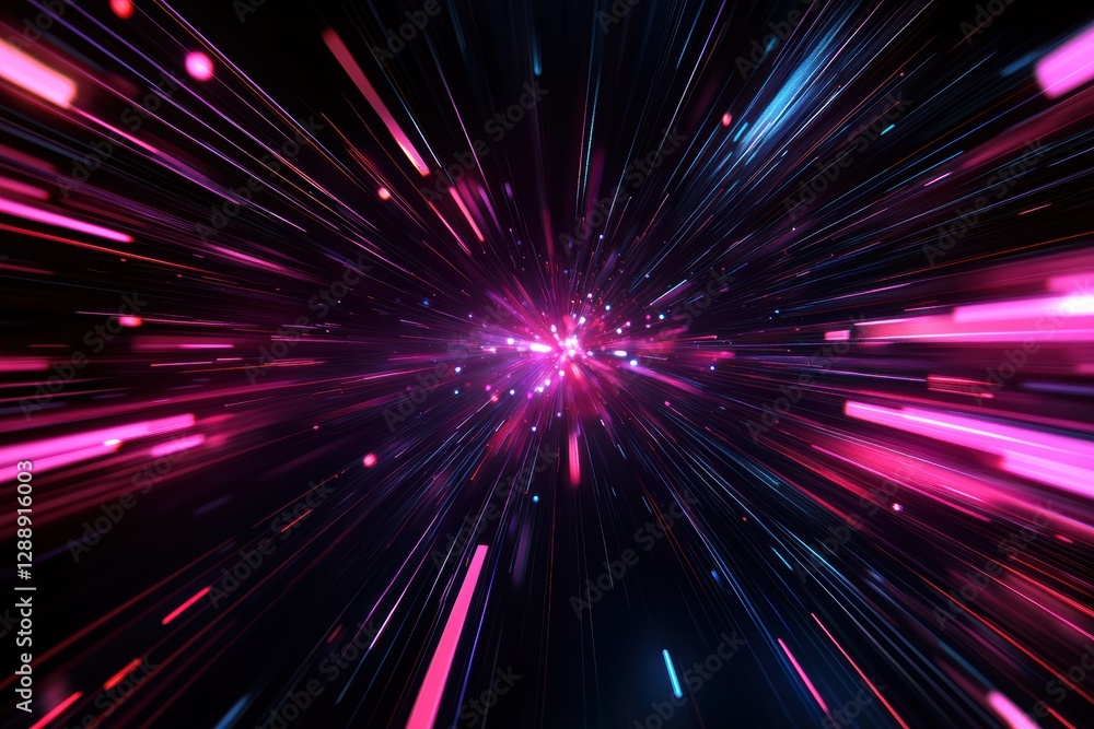 Poster dynamic abstract graphic layout showcasing vibrant light streaks in a space-like environment