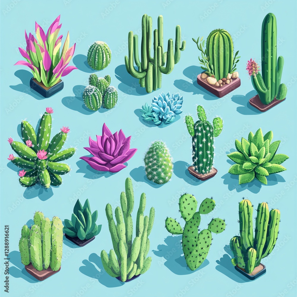 Poster isometric vector collection of diverse cacti and succulents on display