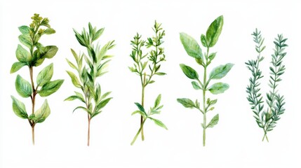 Fototapeta premium Watercolor Painting of Five Culinary Herbs Oregano Thyme Rosemary Basil Marjoram