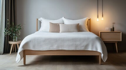 Modern Bedroom Featuring Wooden Bed and Neutral Tones