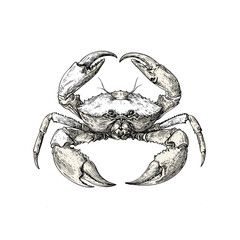 Aquatic art hand-drawn crab, vintage wildlife print, old engraving style, black sketch effect, trendy marine creature design, white background.