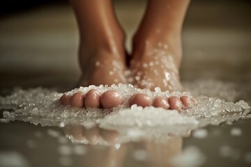 Fototapeta premium Close-up of female feet with soothing bath salts on wet floor surface