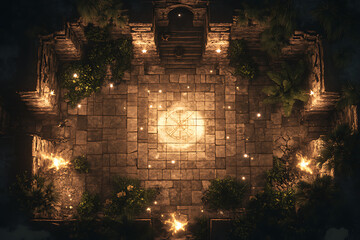 Stone Battle Map Game Plan Top Down View with Glowing Lights and Dark Environment