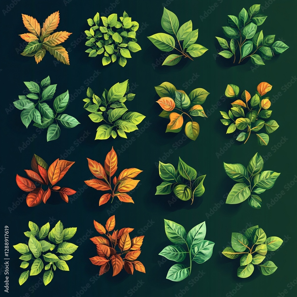 Poster isometric vector set featuring diverse leaf patterns and foliage