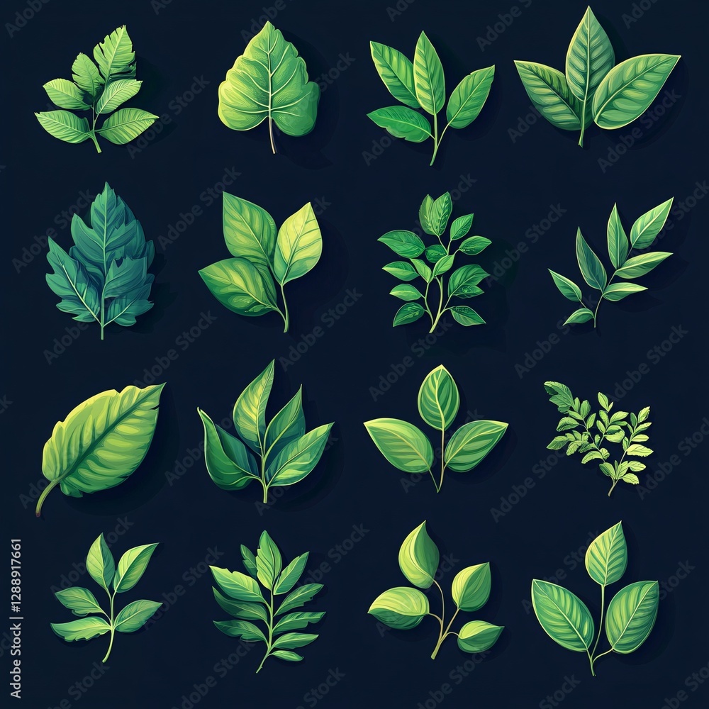 Poster collection of isometric leaf patterns with intricate details