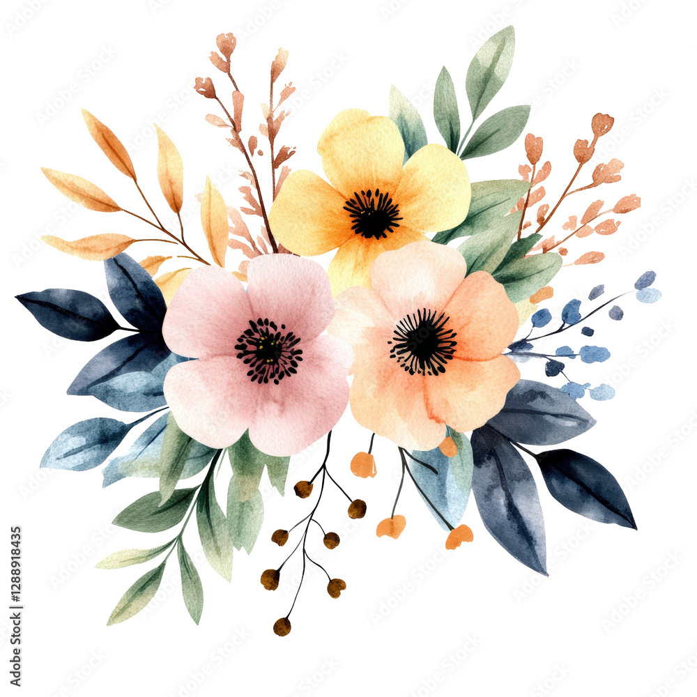 Aufkleber watercolor flowers with vibrant colors on a black background creating a striking visual effect isola