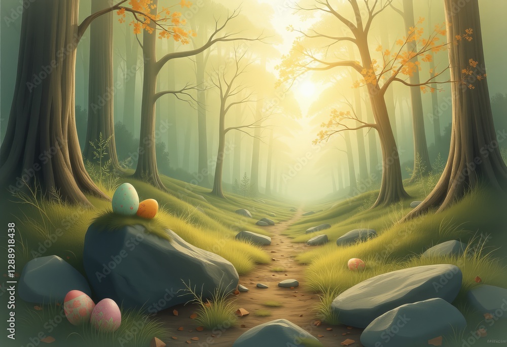 Poster easter eggs in a forest setting with a path leading to sunlight