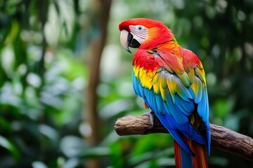 Vibrant scarlet macaw perched in lush tropical jungle