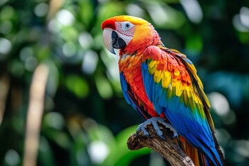 Fototapeta premium Colorful scarlet macaw perched on branch in vibrant green jungle background