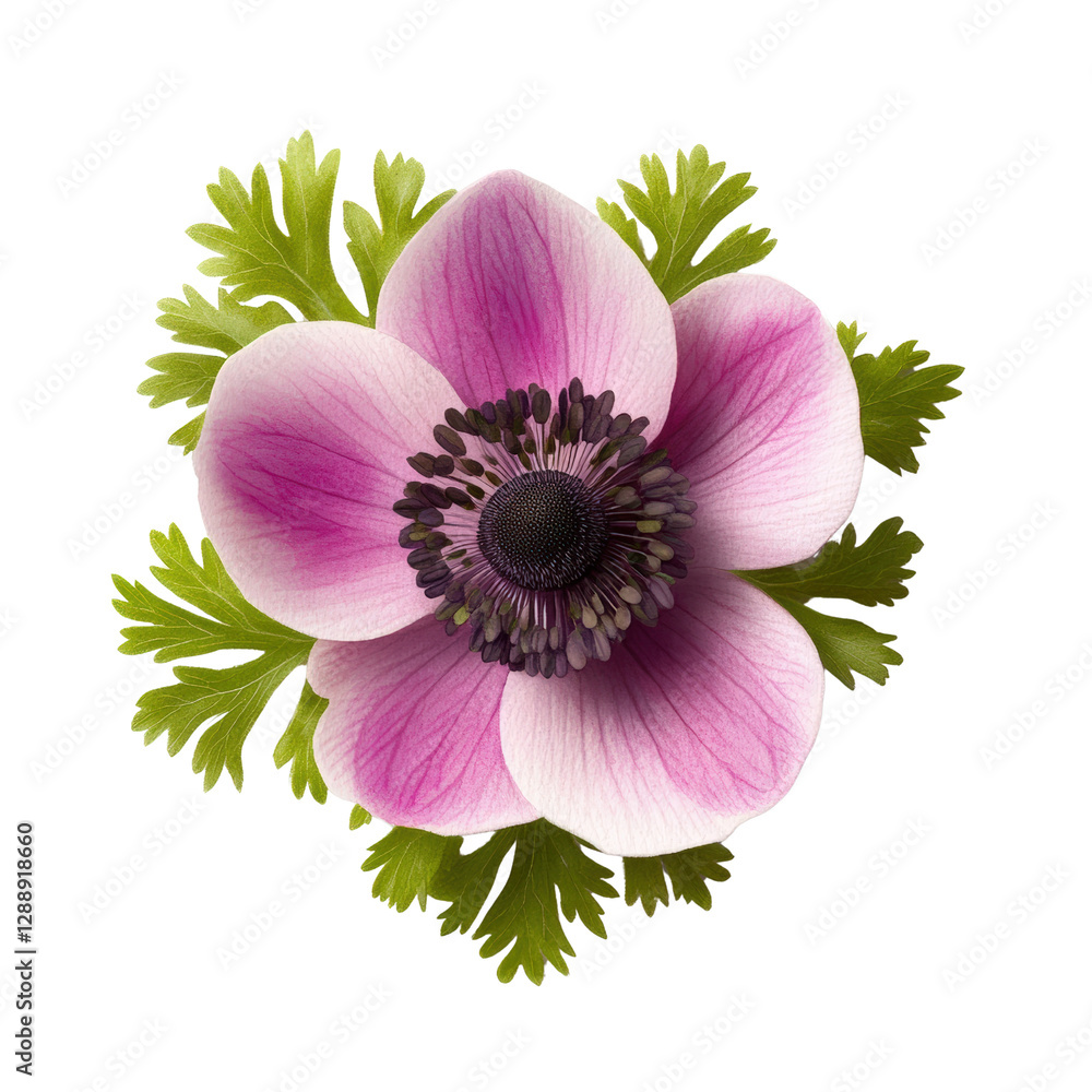 Poster close-up of a pink flower with green leaves isolated on a black background for a striking visual eff
