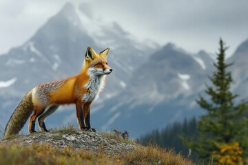 Obraz premium Majestic red fox standing on rocky hill in mountainous landscape
