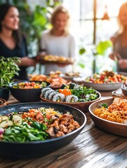 Fototapeta premium A Vibrant Dining Table with Diverse Group Enjoying Assorted Colorful Celebration Food