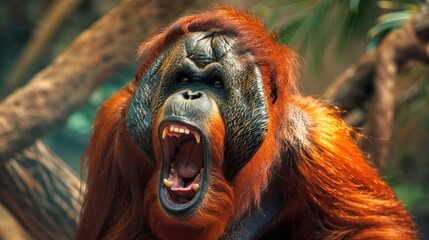 Fototapeta premium close-up of an orangutan roaring in the wild, showing its fierce expression and vibrant orange fur. The intense look captures the power and emotion of this majestic animal in its natural habitat