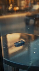 Obraz premium Small dark device rests on shiny table, blurred background.