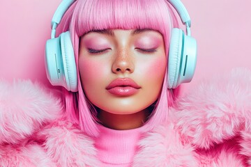 Young woman with pink hair wearing headphones enjoys music in a vibrant pink setting while dressed in a fluffy pink coat during the day