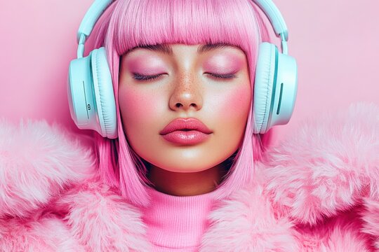 Young woman with pink hair wearing headphones enjoys music in a vibrant pink setting while dressed in a fluffy pink coat during the day