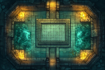 Top Down Isometric Battlemap Dungeon Room Illustration With Blue Green Stone Structure Illuminated By Orange Light