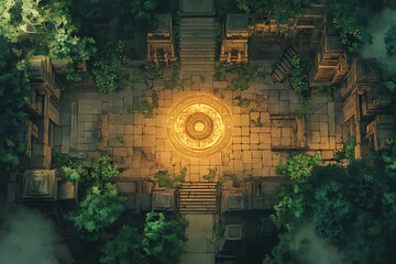 Top Down Isometric View of an Ancient Temple Ruin Surrounded by Lush Green Forest with a Central Glowing Yellow Circle