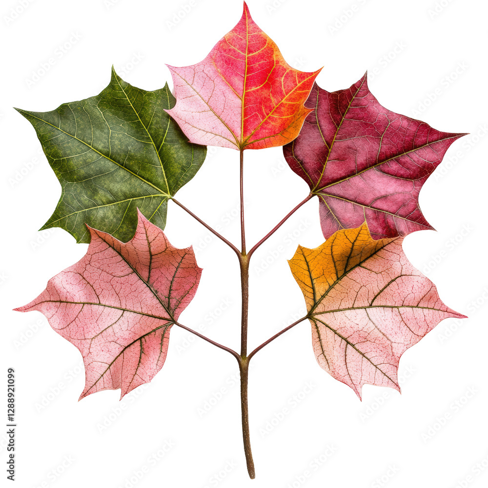 Poster group of assorted green leaves arranged on a natural wooden surface in a flat lay composition isolat