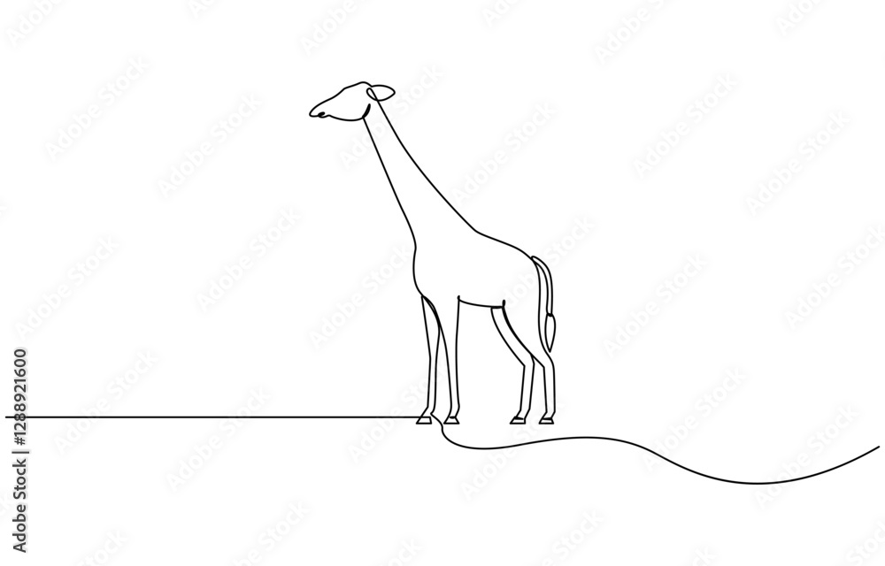 Poster continuous single line sketch drawing of wild giraffe, continuous one line drawing of giraffe with w