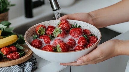 Hands are washing fresh strawberries in a bowl under a running faucet, showcasing a clean and modern kitchen atmosphere