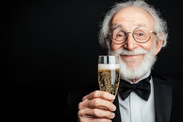 Elderly man celebrating with a glass of sparkling beverage in a formal attire against a dark background