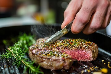 Cooking juicy seasoned steak with herbs on grill