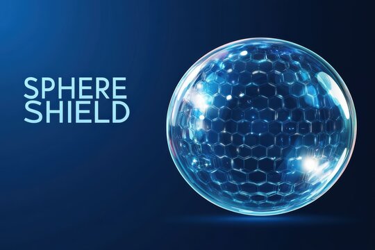 Graphic layout showcasing a glass sphere shield with a hexagonal pattern on a deep blue background