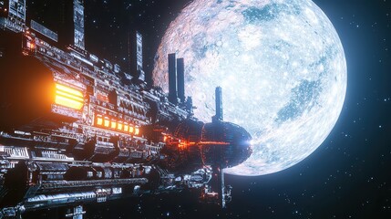 A futuristic space station orbits between the Earth and a massive glowing full moon, neon-lit reflections on its surface