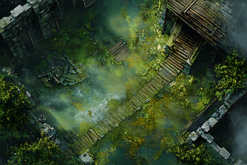 Top Down View of a Fantasy Battle Map with Wooden Bridge Path Across Water and Foggy Atmosphere